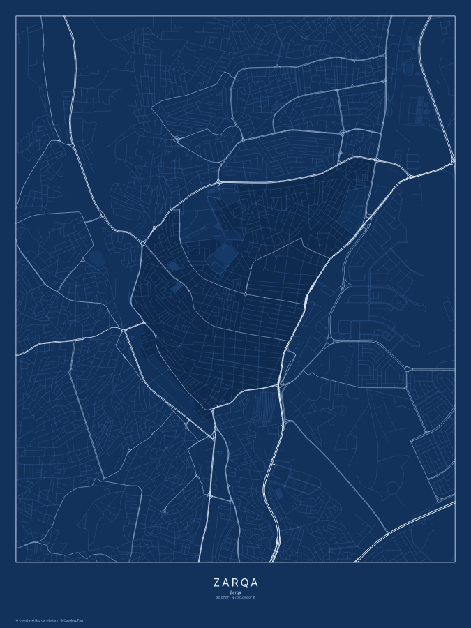 Zarqa map poster, blueprint style