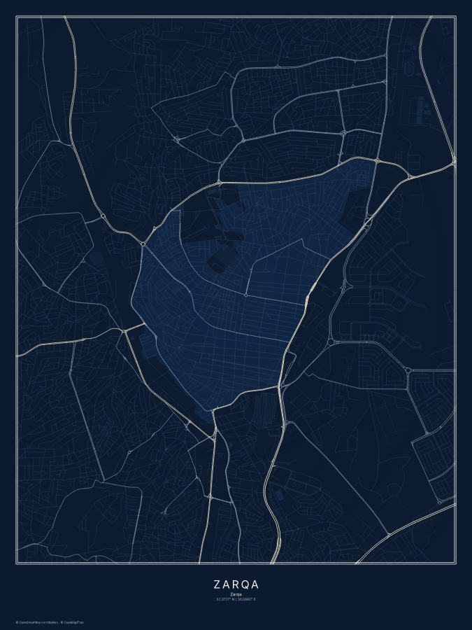 Zarqa map poster, midnight style