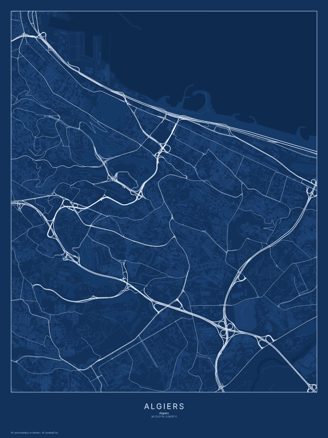 Algiers map poster, blueprint style