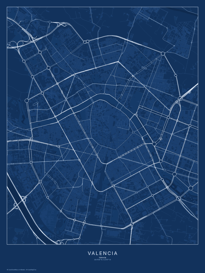 Valencia map poster, blueprint style