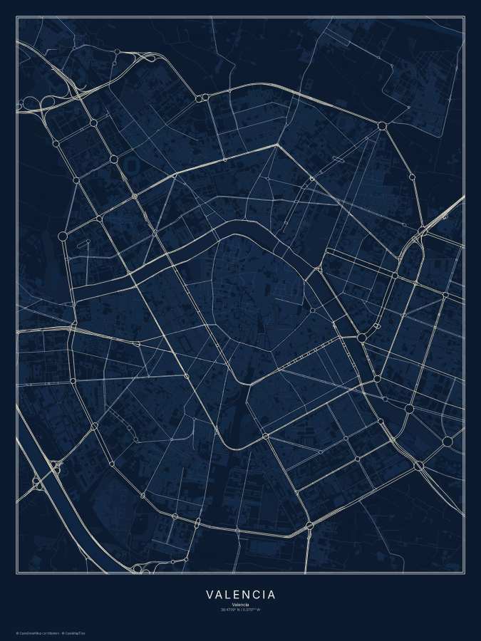 Valencia map poster, midnight style