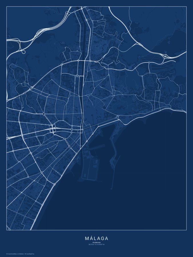 Málaga map poster, blueprint style