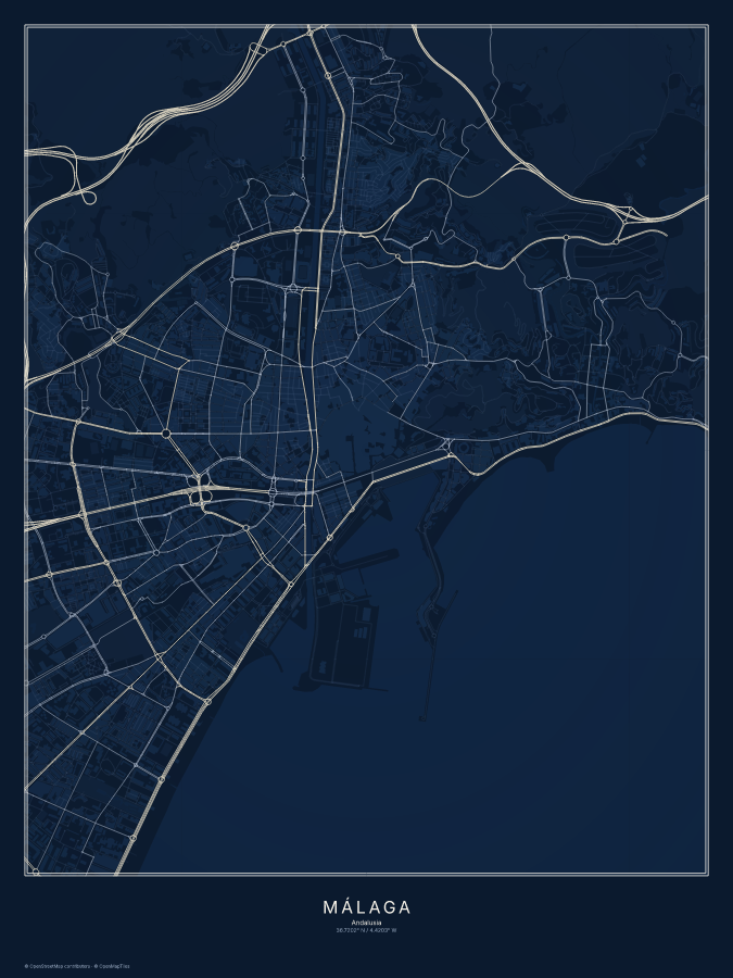 Málaga map poster, midnight style