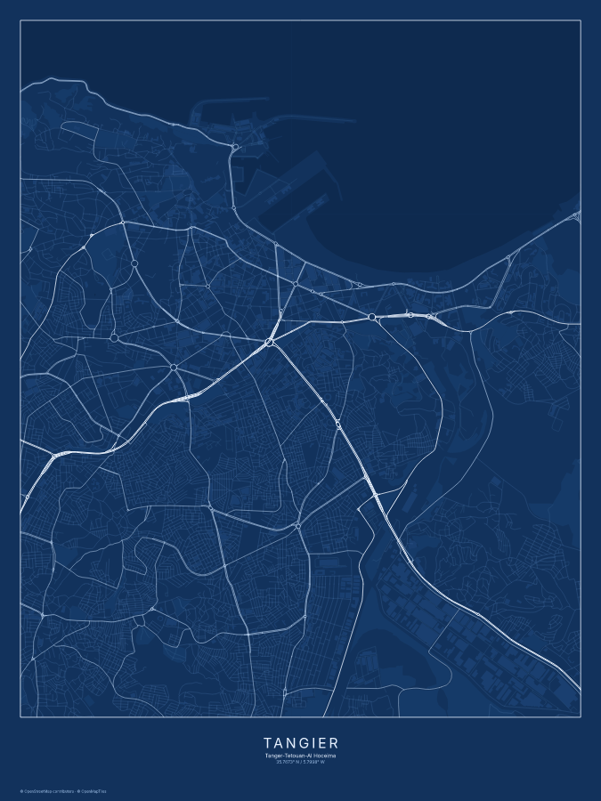 Tangier map poster, blueprint style