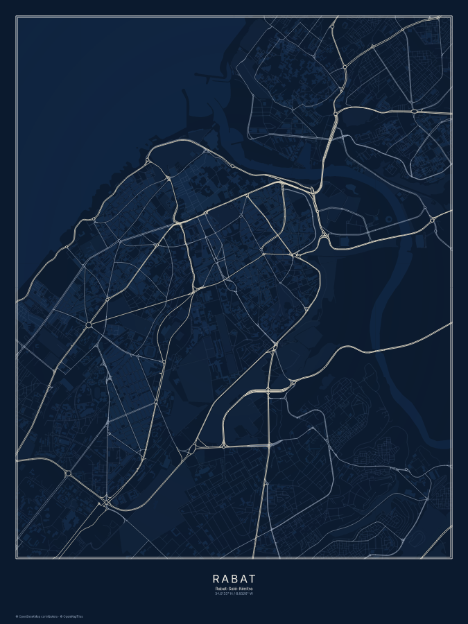 Rabat map poster, midnight style