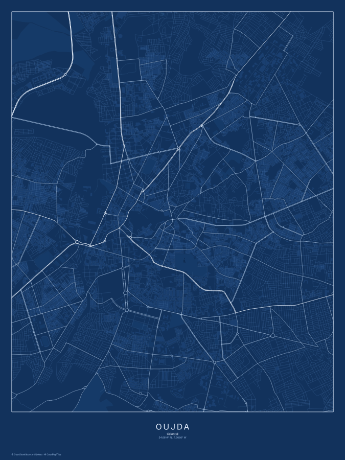 Oujda map poster, blueprint style