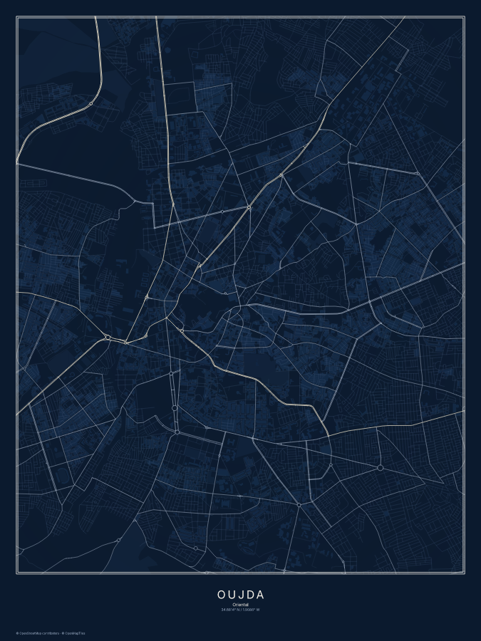 Oujda map poster, midnight style