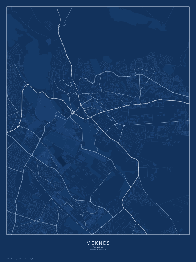 Meknes map poster, blueprint style