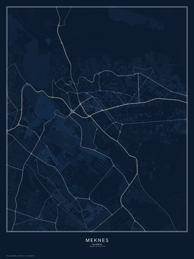 Meknes map poster, midnight style