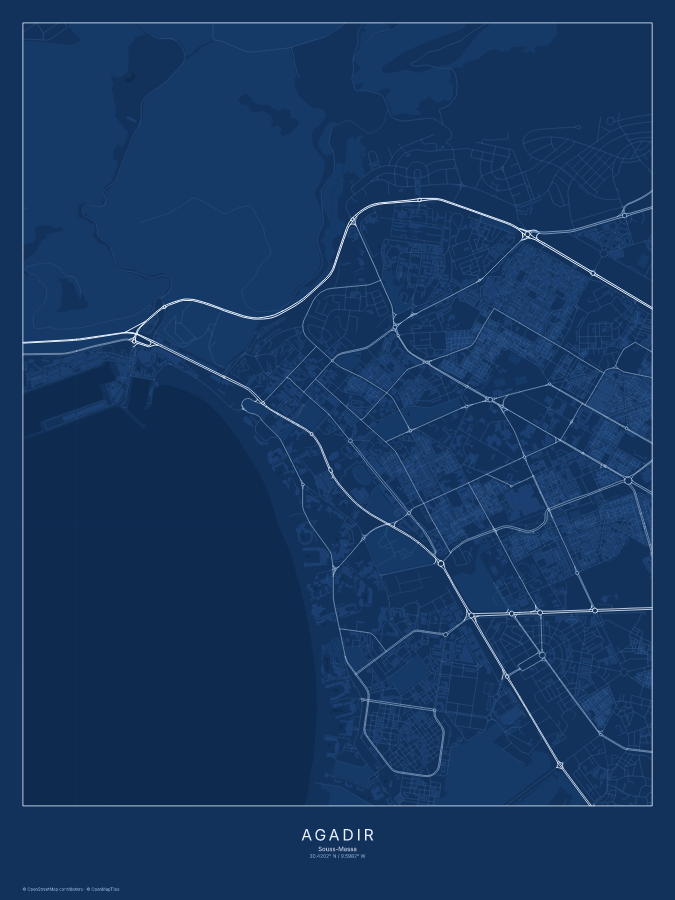Agadir map poster, blueprint style