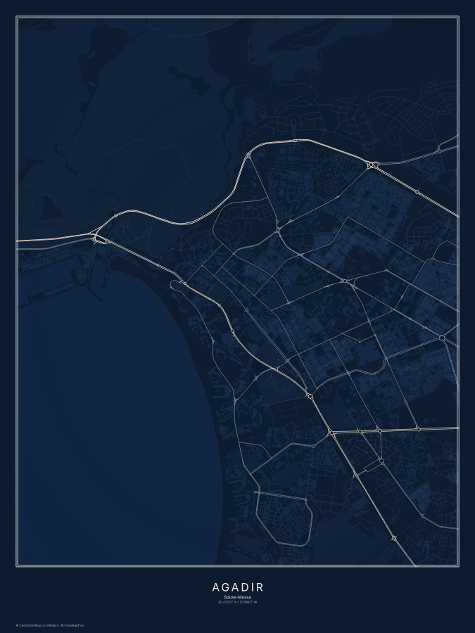 Agadir map poster, midnight style