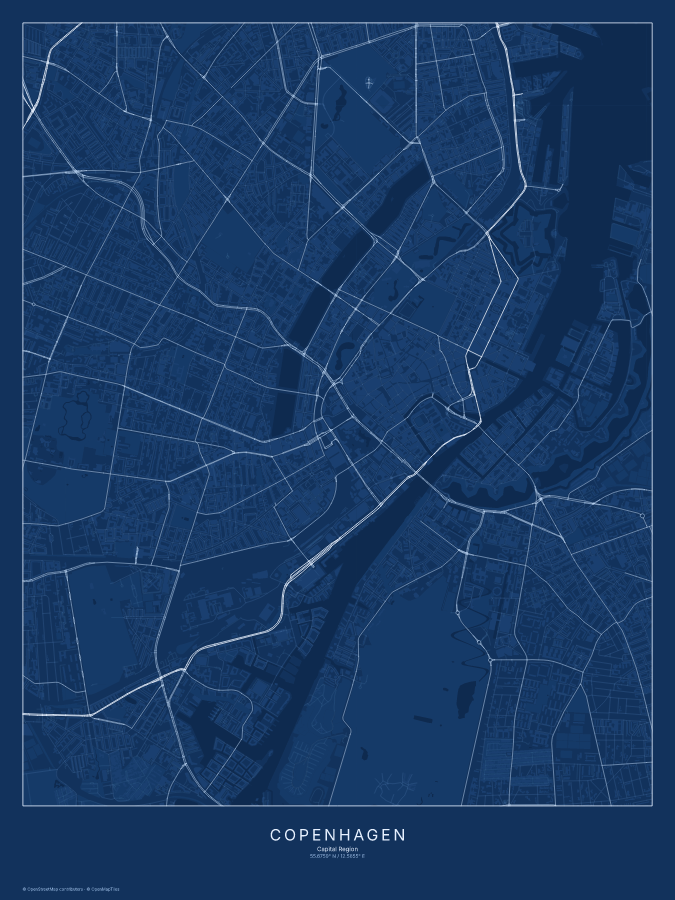 Copenhagen map poster, blueprint style
