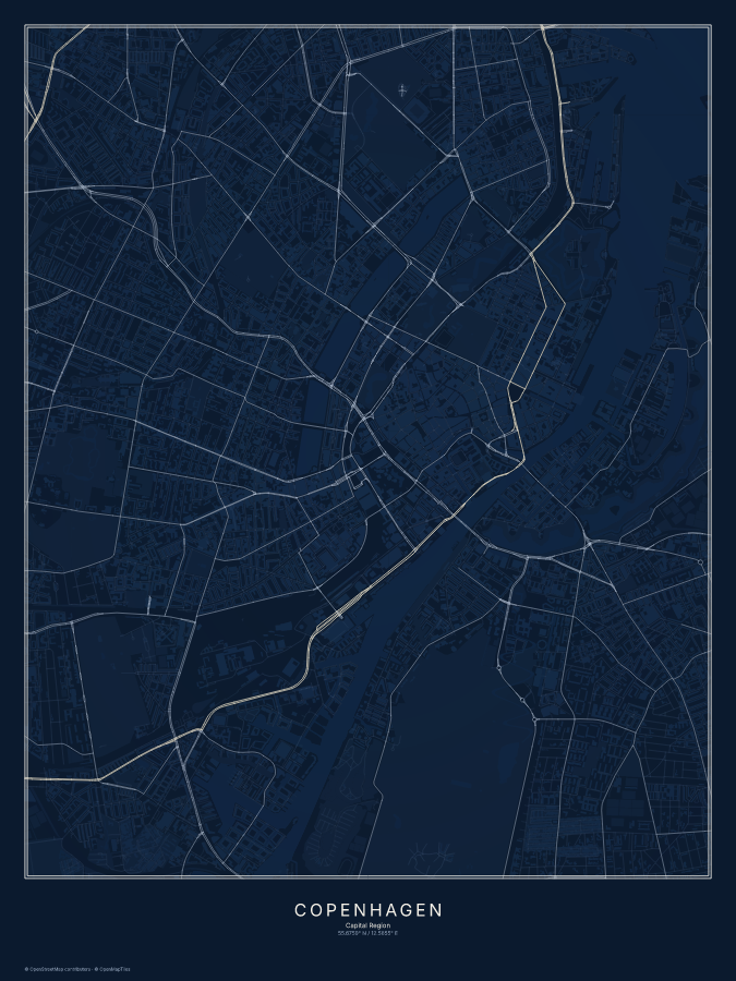 Copenhagen map poster, midnight style