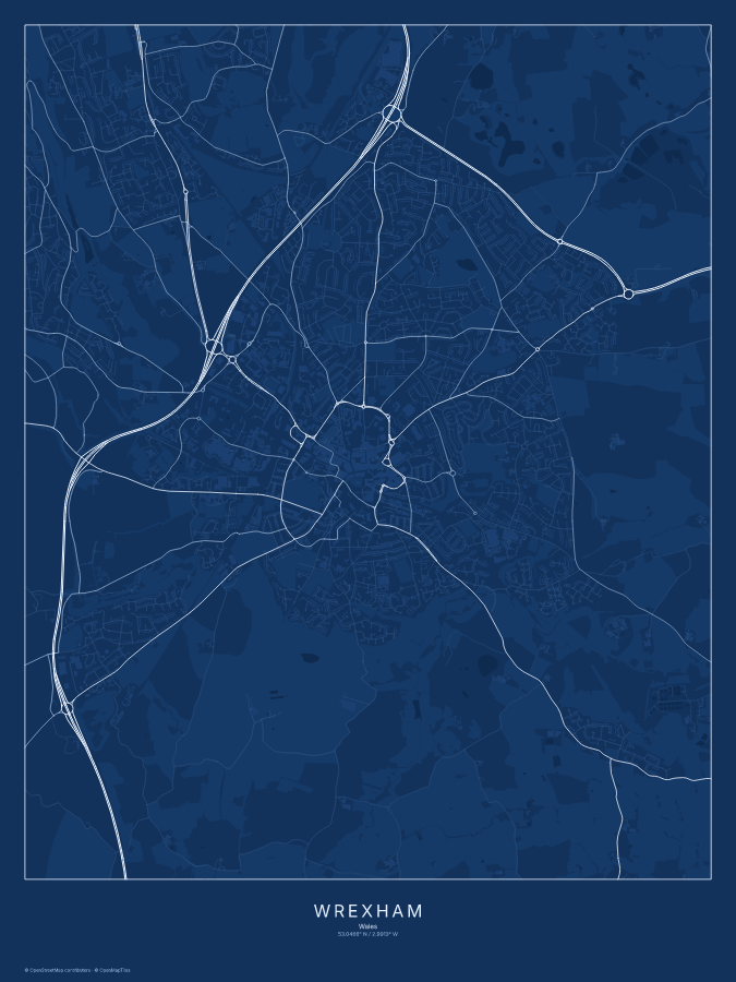 Wrexham map poster, blueprint style