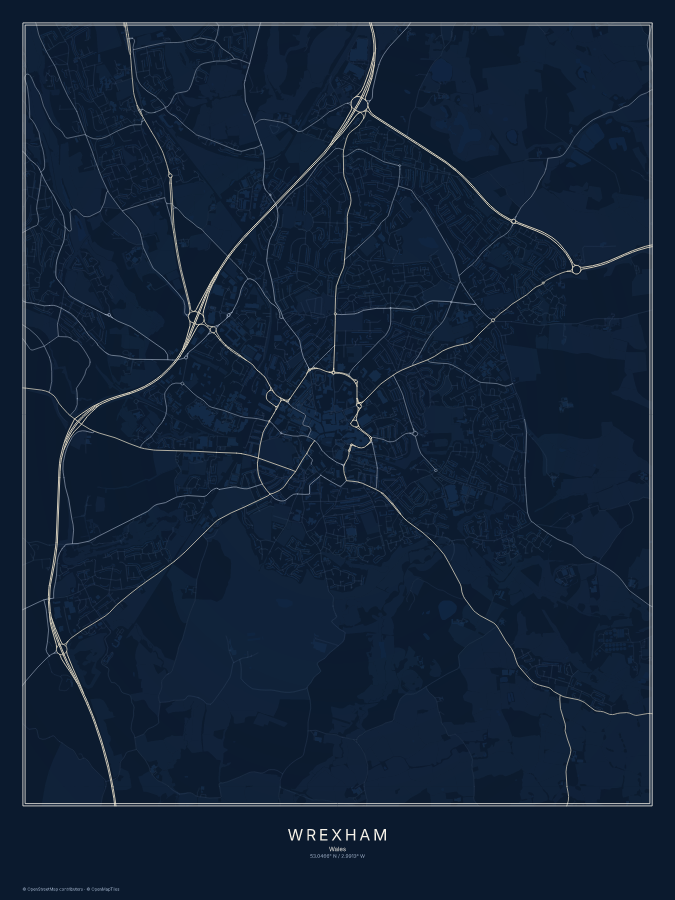 Wrexham map poster, midnight style