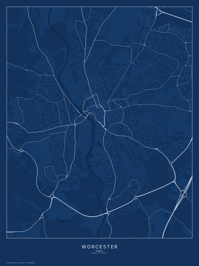 Worcester map poster, blueprint style