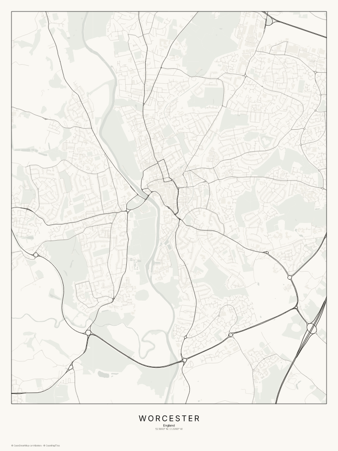 Worcester map poster, classic style