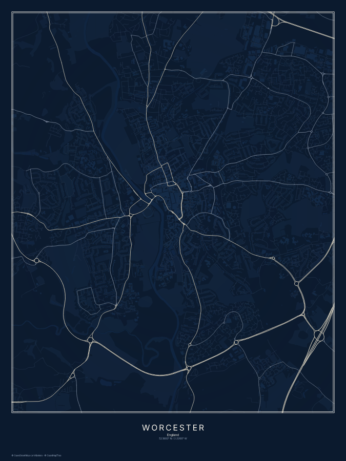 Worcester map poster, midnight style