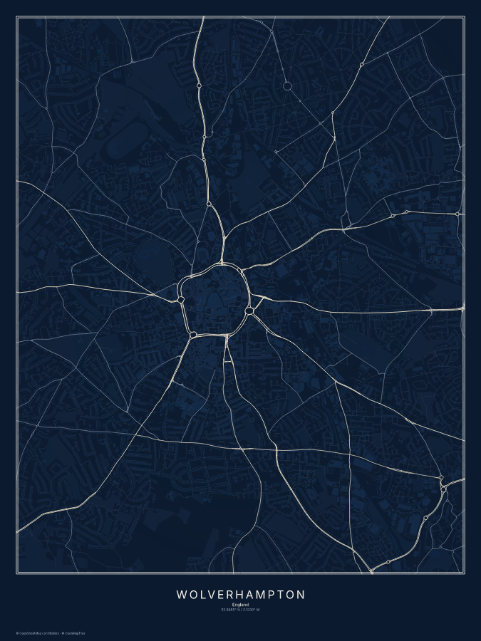 Wolverhampton map poster, midnight style