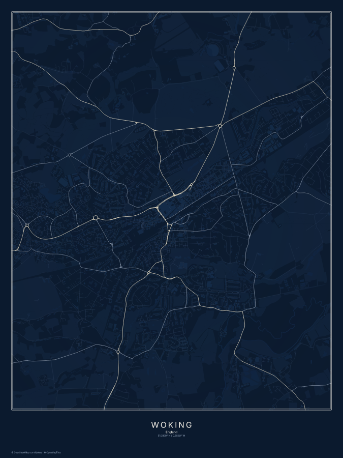 Woking map poster, midnight style