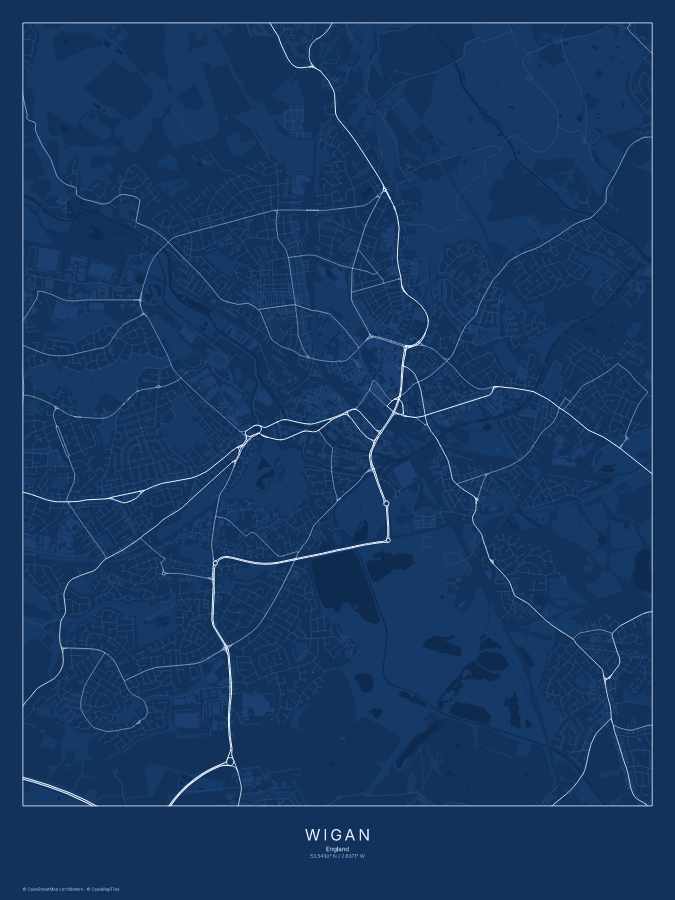 Wigan map poster, blueprint style
