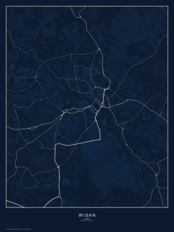 Wigan map poster, midnight style