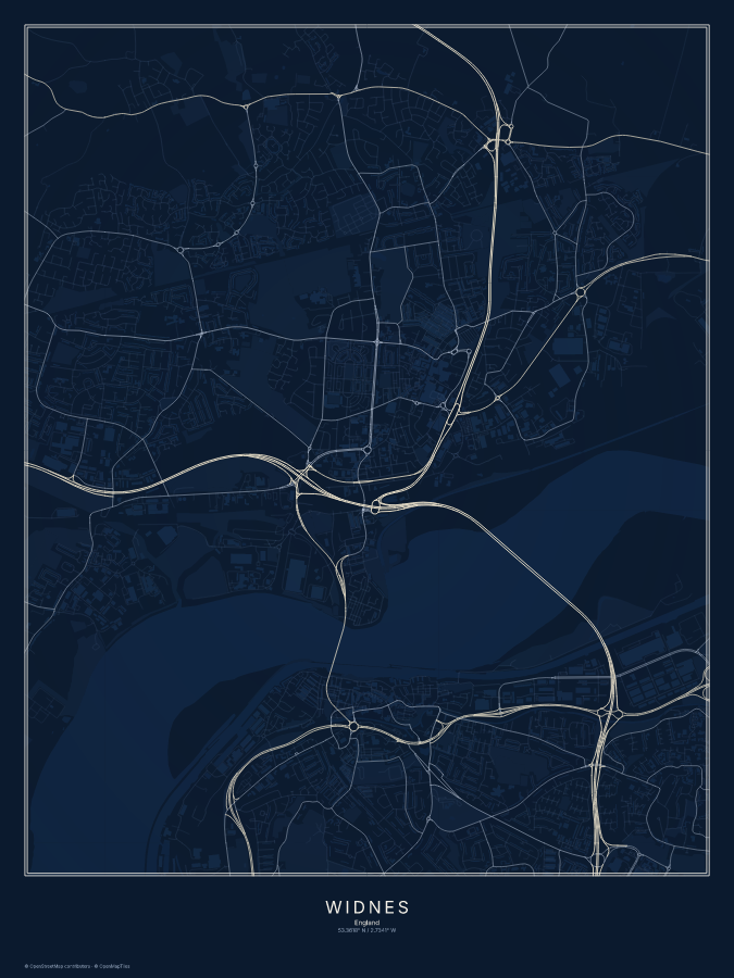 Widnes map poster, midnight style