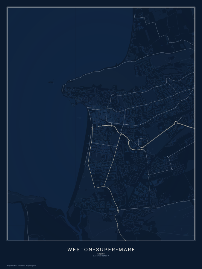 Weston-super-Mare map poster, midnight style