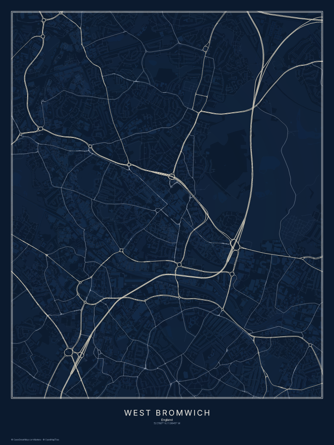 West Bromwich map poster, midnight style