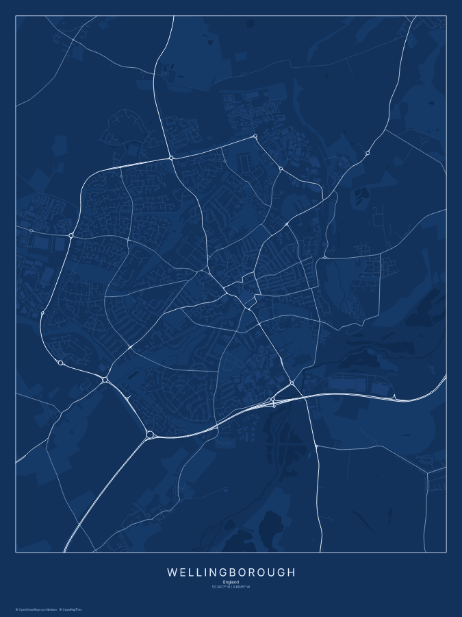 Wellingborough map poster, blueprint style