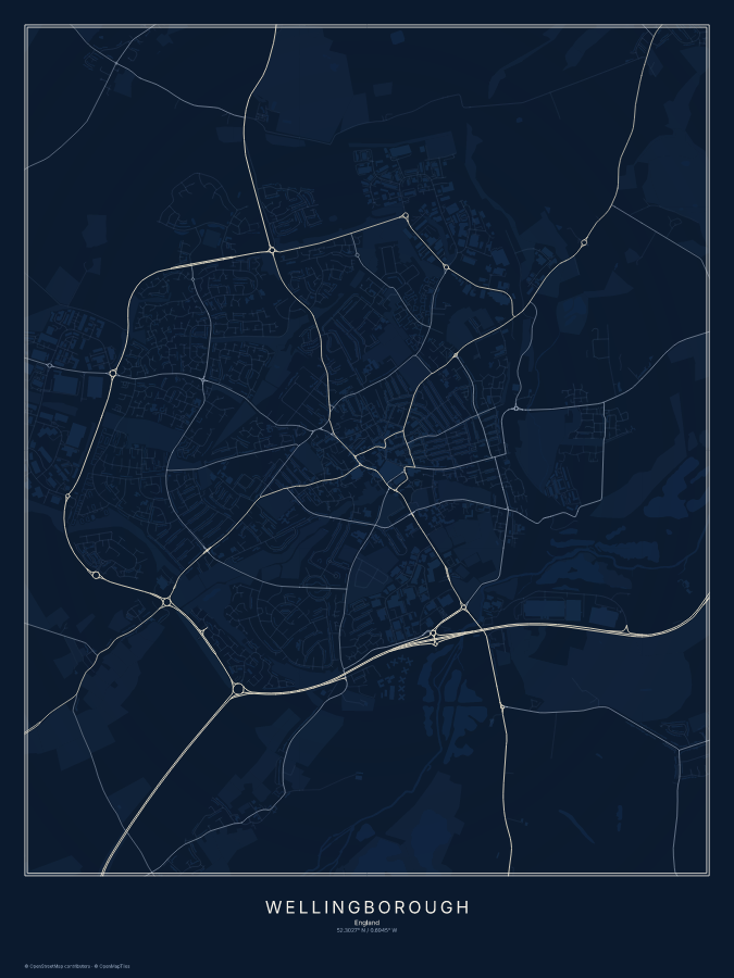 Wellingborough map poster, midnight style