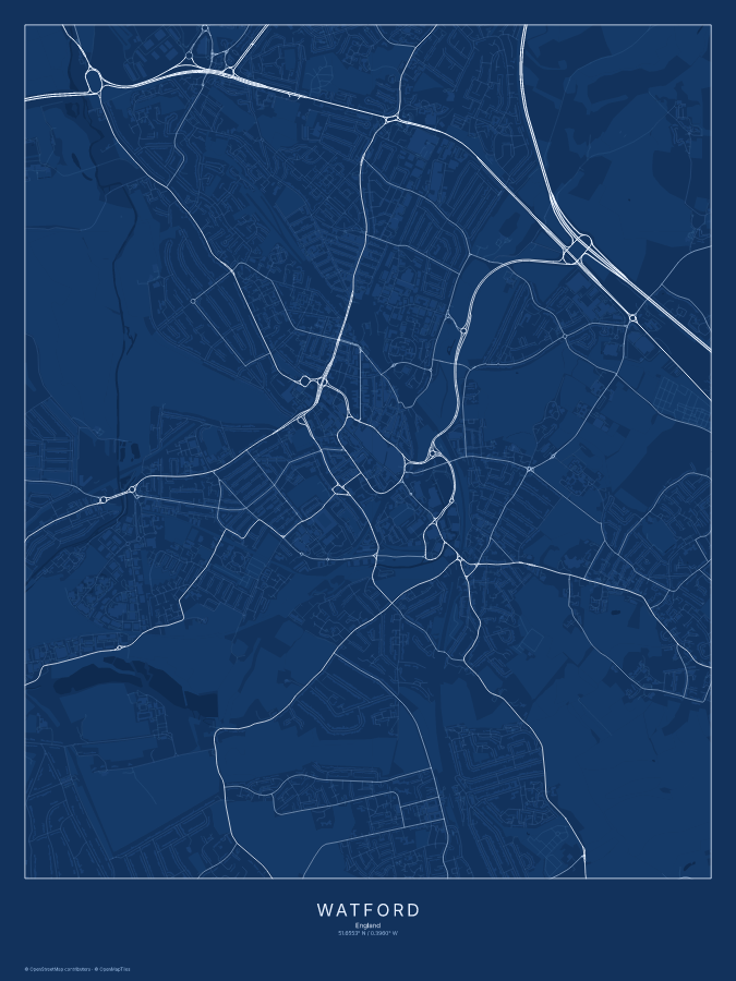 Watford map poster, blueprint style