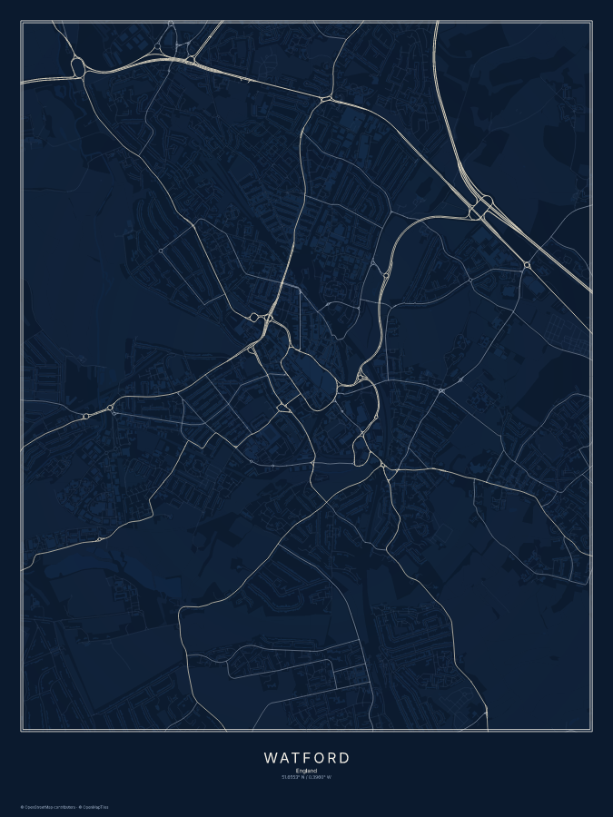 Watford map poster, midnight style