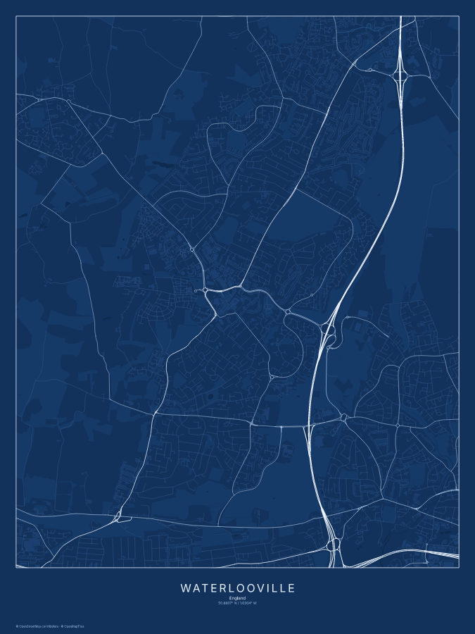 Waterlooville map poster, blueprint style