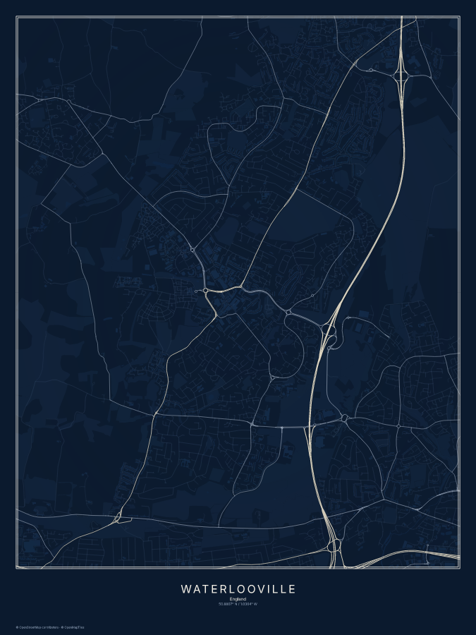 Waterlooville map poster, midnight style