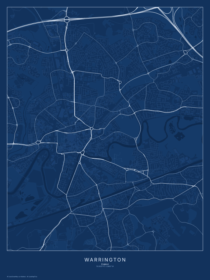 Warrington map poster, blueprint style