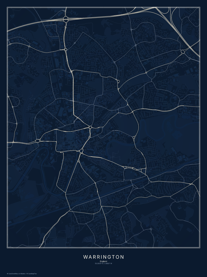 Warrington map poster, midnight style