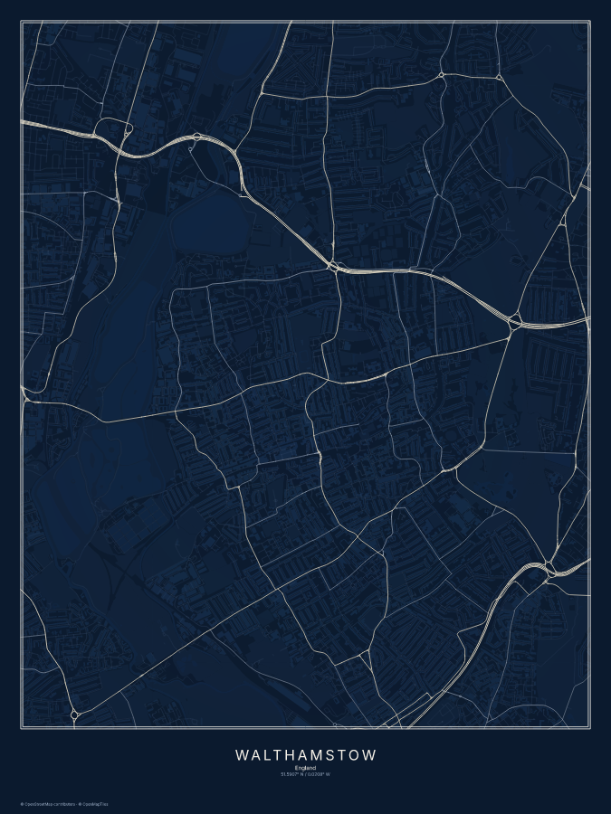 Walthamstow map poster, midnight style