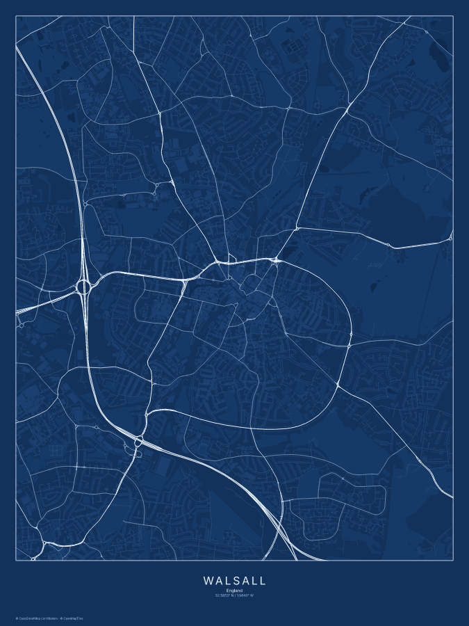 Walsall map poster, blueprint style