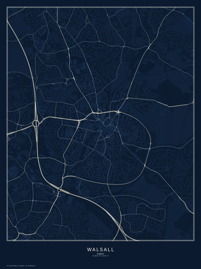 Walsall map poster, midnight style