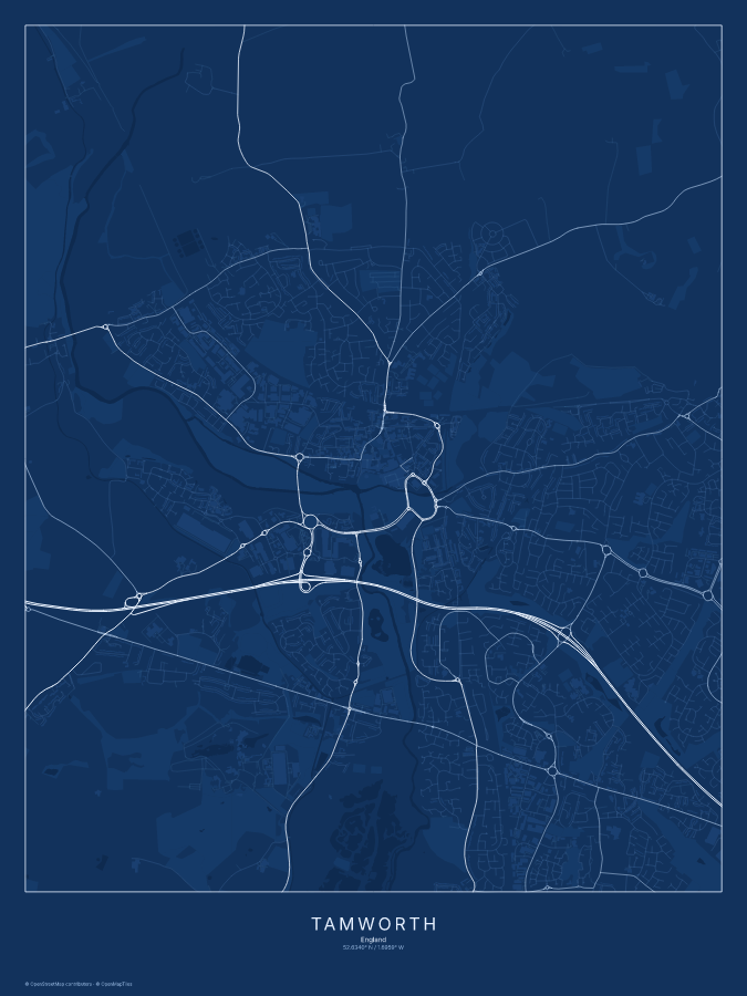 Tamworth map poster, blueprint style