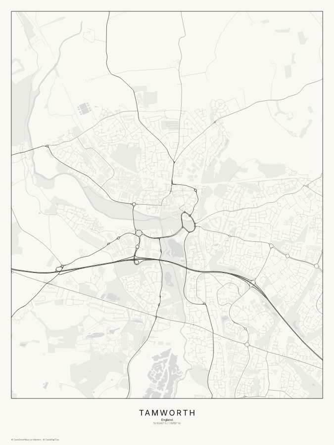Tamworth map poster, classic style