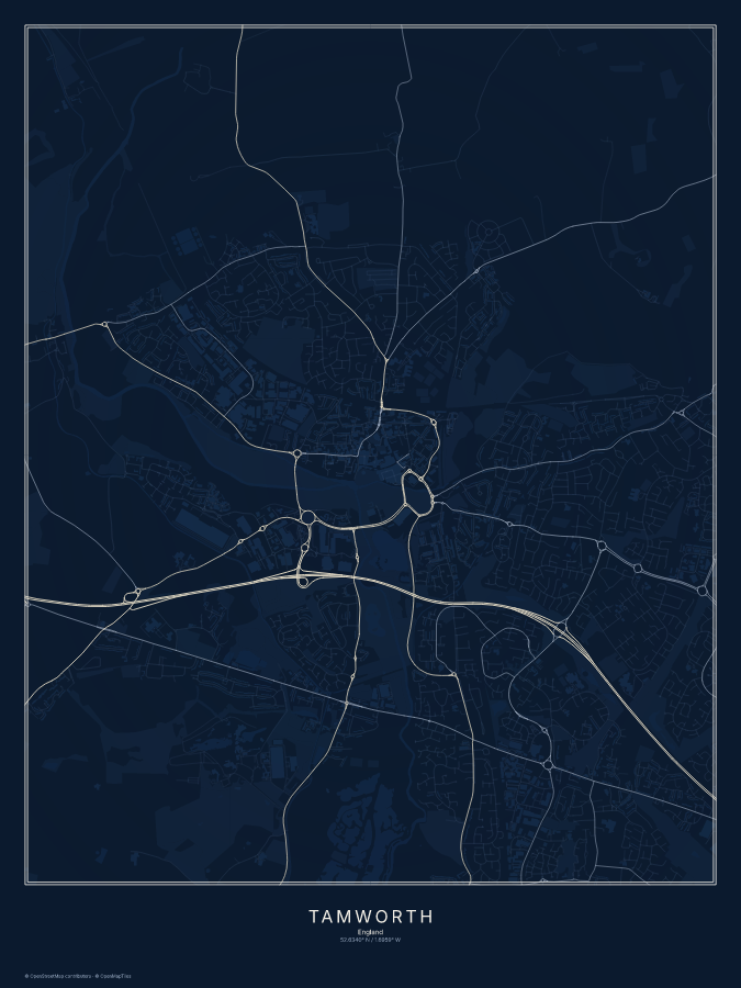 Tamworth map poster, midnight style