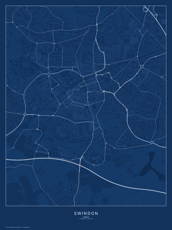 Swindon map poster, blueprint style