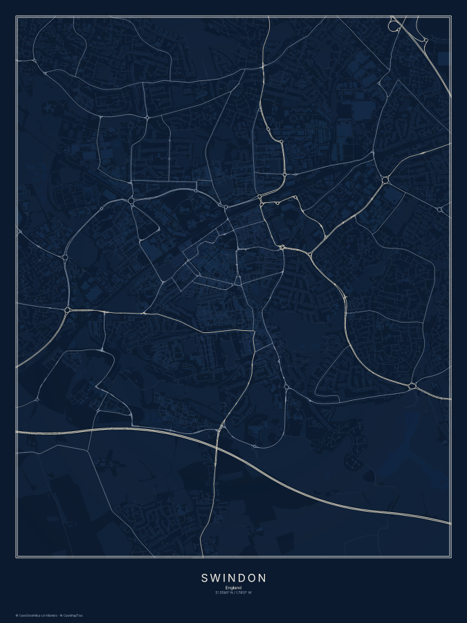 Swindon map poster, midnight style