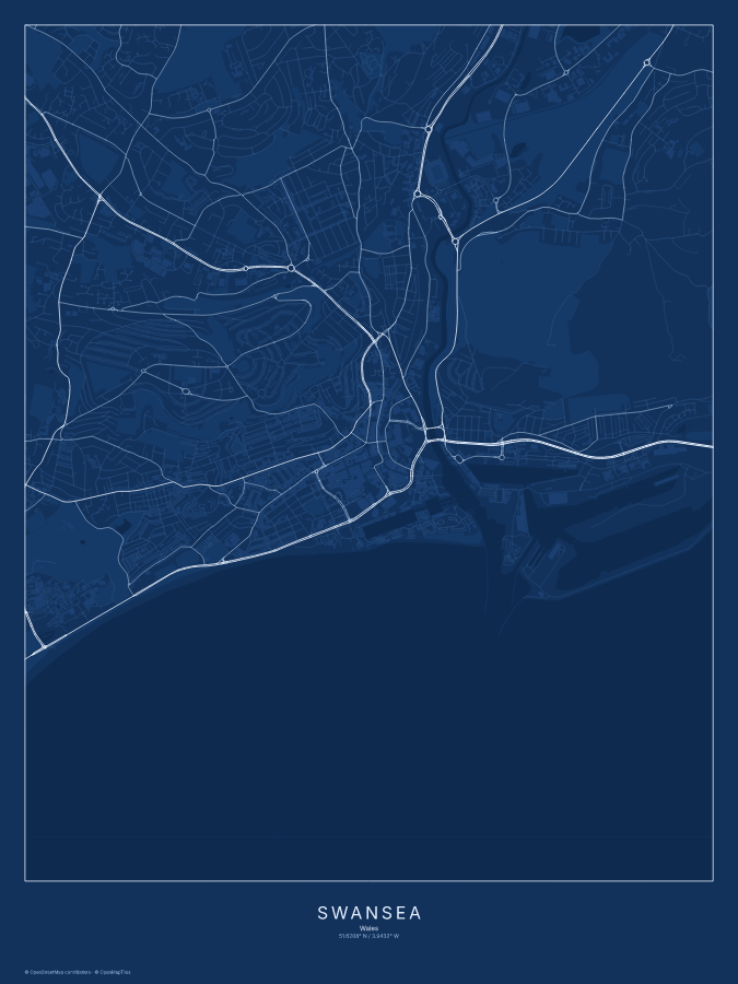 Swansea map poster, blueprint style