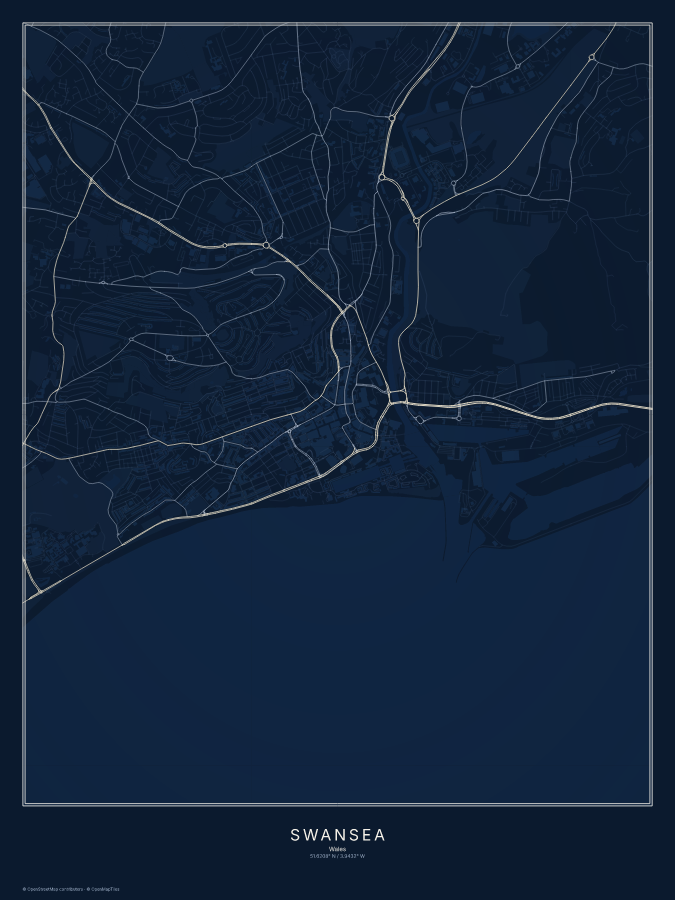 Swansea map poster, midnight style