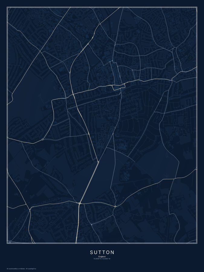 Sutton map poster, midnight style