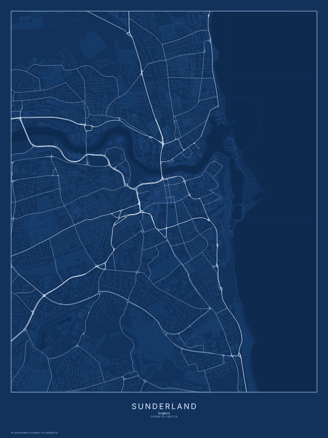 Sunderland map poster, blueprint style