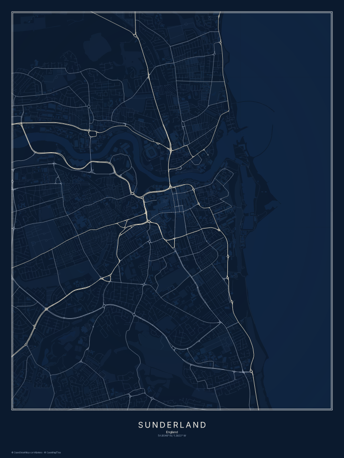 Sunderland map poster, midnight style